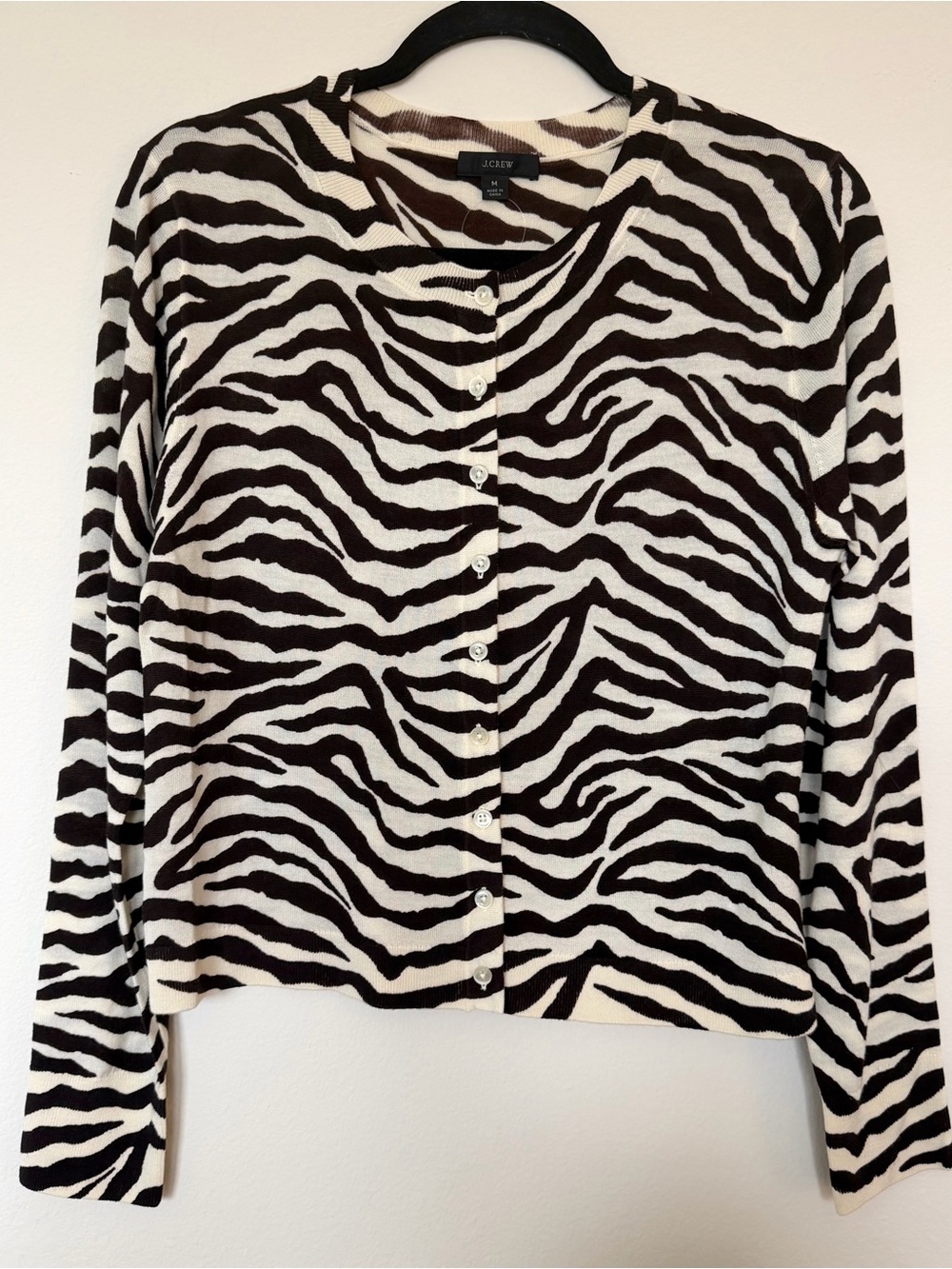 J.Crew Zebra Print Crew Neck Cardigan NWT Chocolate Brown and Cream Medium